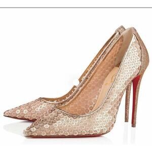 Christian Louboutin Lace Cabaret 554 Rose Gold Sequin High Heel Pumps 36.5